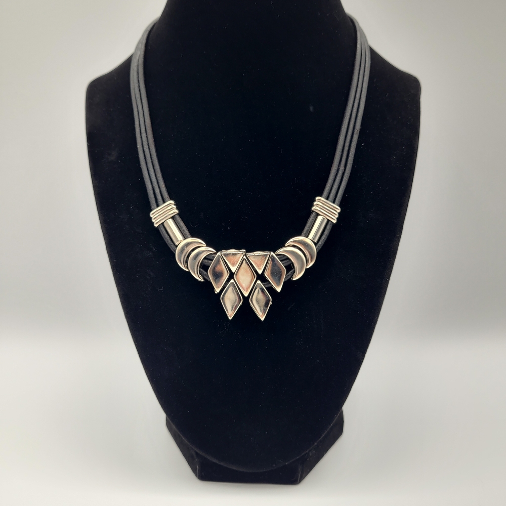 Y2K Silver Geometric Statement Necklace Black Cord Edgy 90s 2000s